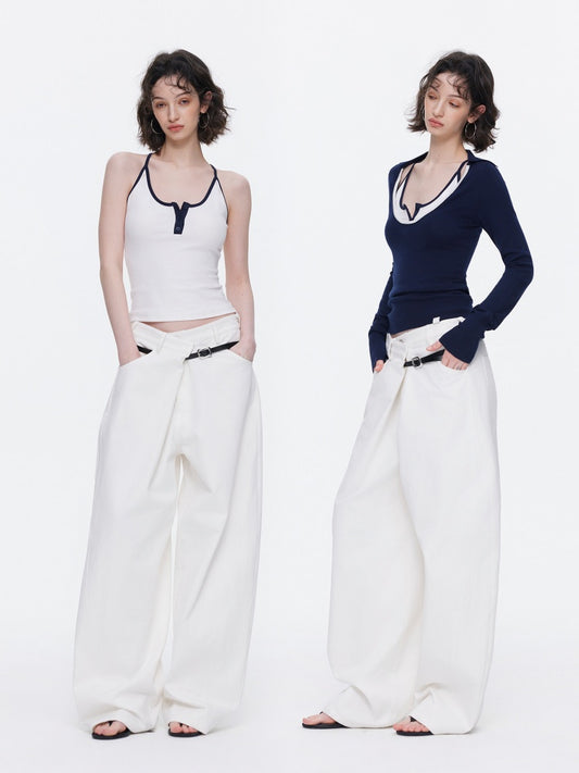 Asymmetrical Waistband Wide-Leg Scimitar Jeans【s0000015535】