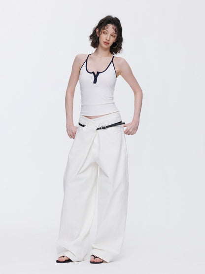 Asymmetrical Waistband Wide-Leg Scimitar Jeans【s0000015535】