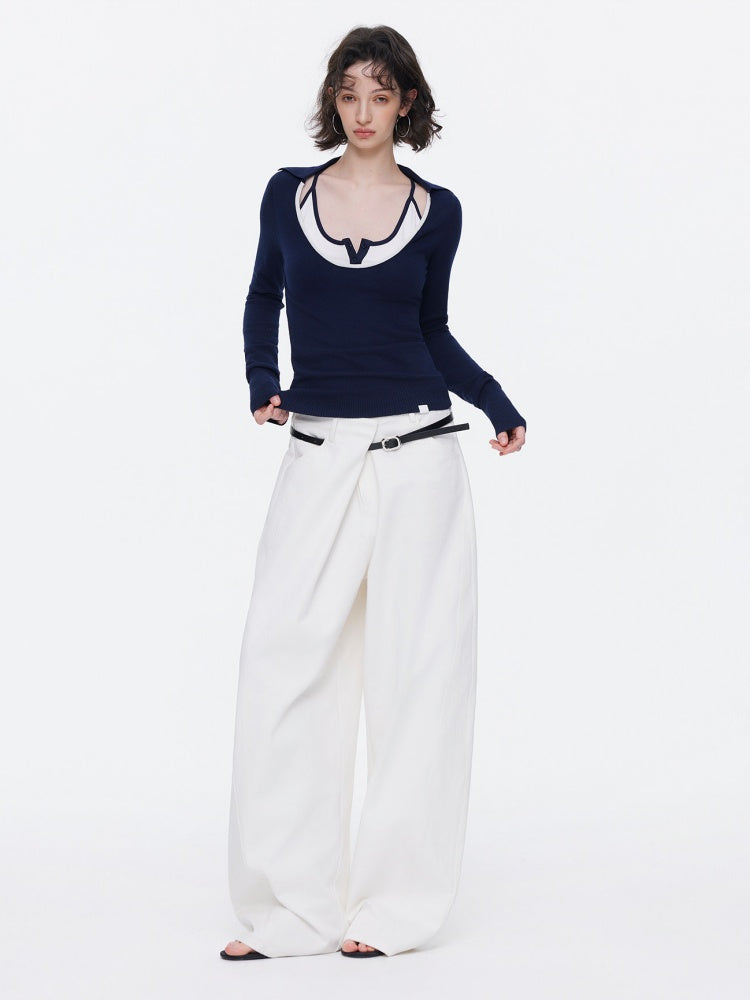 Asymmetrical Waistband Wide-Leg Scimitar Jeans【s0000015535】