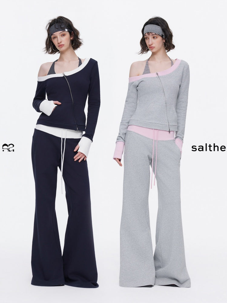 Off-Shoulder Contrast Top Slimming Slanted Sweatshirt【s0000015538】