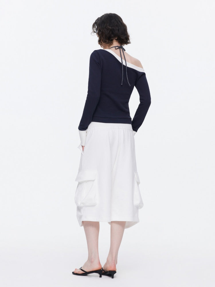 Off-Shoulder Contrast Top Slimming Slanted Sweatshirt【s0000015538】