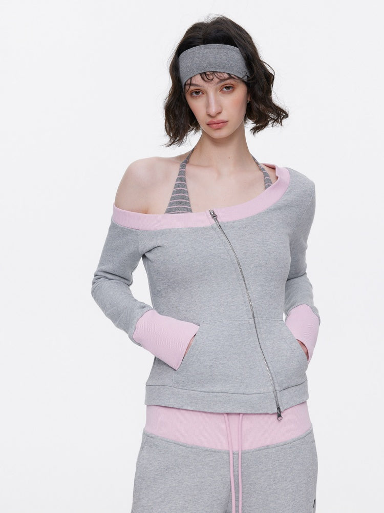 Off-Shoulder Contrast Top Slimming Slanted Sweatshirt【s0000015538】