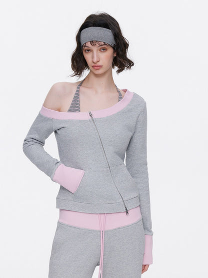 Off-Shoulder Contrast Top Slimming Slanted Sweatshirt【s0000015538】
