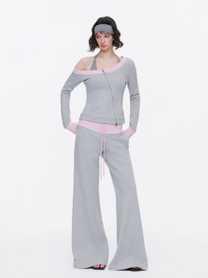 Off-Shoulder Contrast Top Slimming Slanted Sweatshirt【s0000015538】