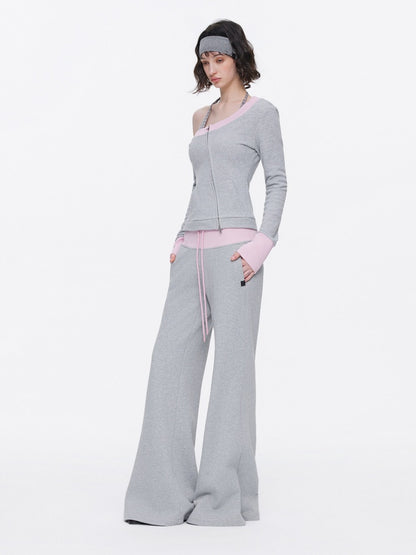 Off-Shoulder Contrast Top Slimming Slanted Sweatshirt【s0000015538】