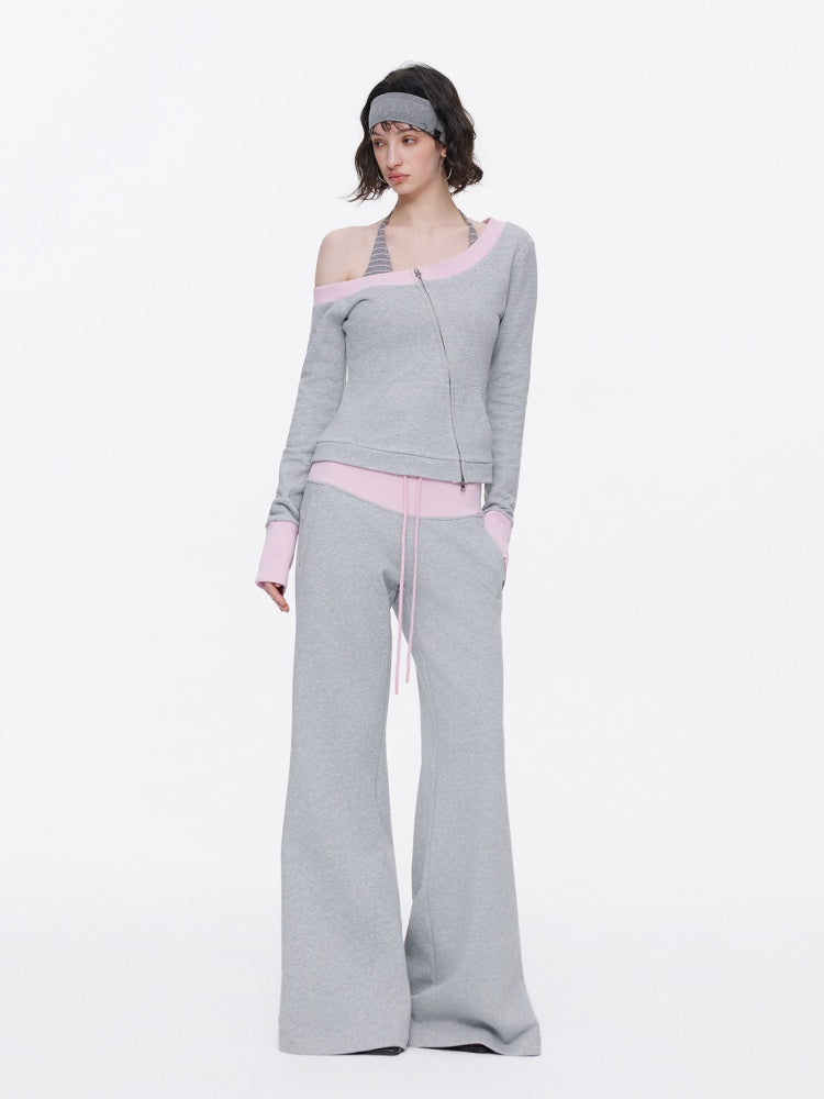 Off-Shoulder Contrast Top Slimming Slanted Sweatshirt【s0000015538】