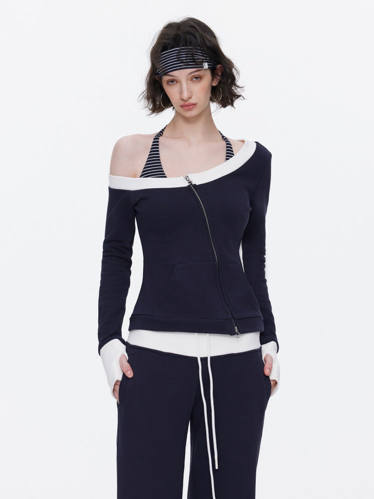 Off-Shoulder Contrast Top Slimming Slanted Sweatshirt【s0000015538】