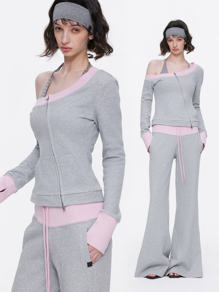 Off-Shoulder Contrast Top Slimming Slanted Sweatshirt【s0000015538】