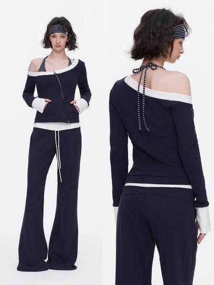Off-Shoulder Contrast Top Slimming Slanted Sweatshirt【s0000015538】