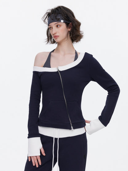 Off-Shoulder Contrast Top Slimming Slanted Sweatshirt【s0000015538】