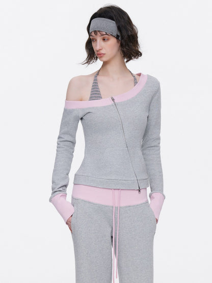 Off-Shoulder Contrast Top Slimming Slanted Sweatshirt【s0000015538】