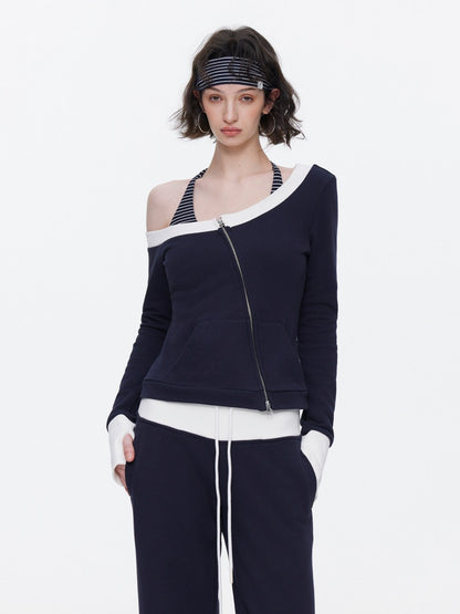 Off-Shoulder Contrast Top Slimming Slanted Sweatshirt【s0000015538】