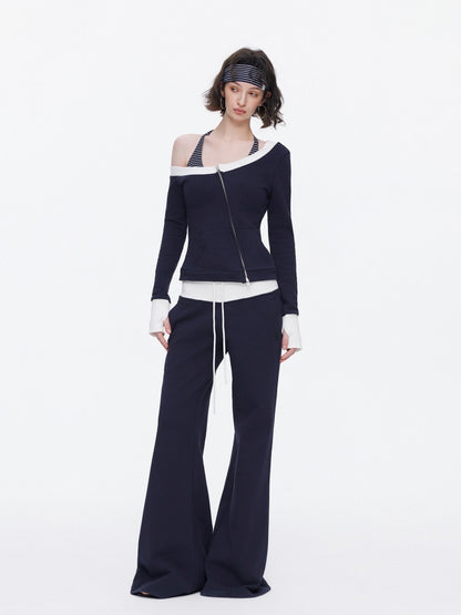 Off-Shoulder Contrast Top Slimming Slanted Sweatshirt【s0000015538】