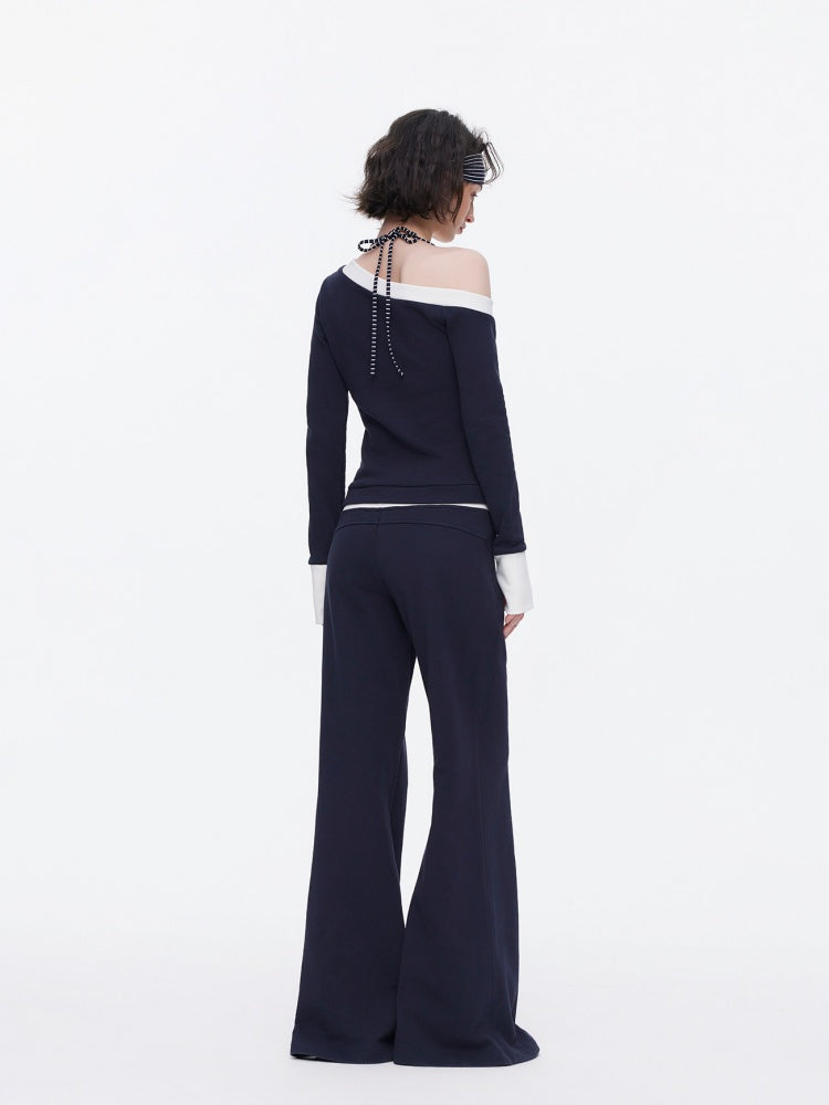 Off-Shoulder Contrast Top Slimming Slanted Sweatshirt【s0000015538】