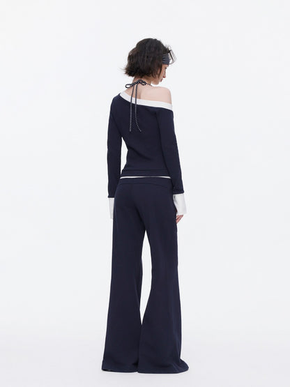 Off-Shoulder Contrast Top Slimming Slanted Sweatshirt【s0000015538】