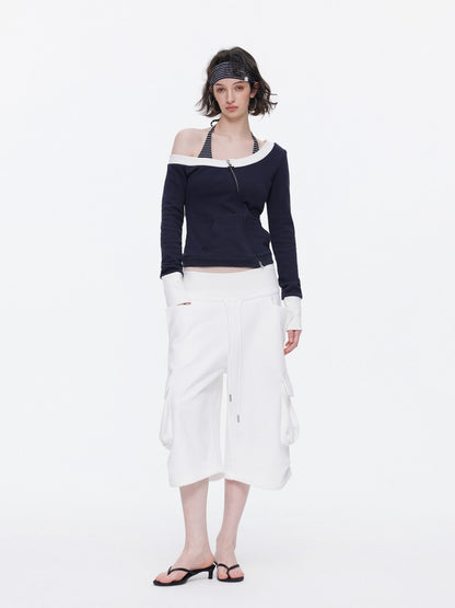 Off-Shoulder Contrast Top Slimming Slanted Sweatshirt【s0000015538】