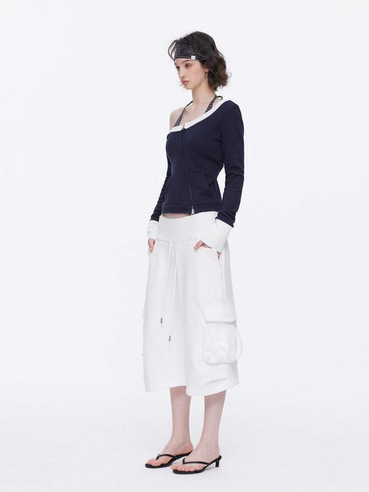Off-Shoulder Contrast Top Slimming Slanted Sweatshirt【s0000015538】