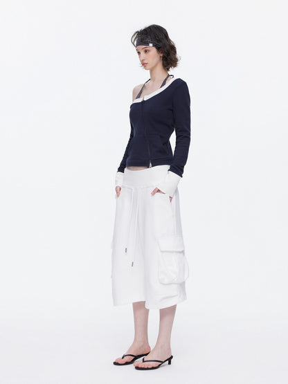 Off-Shoulder Contrast Top Slimming Slanted Sweatshirt【s0000015538】