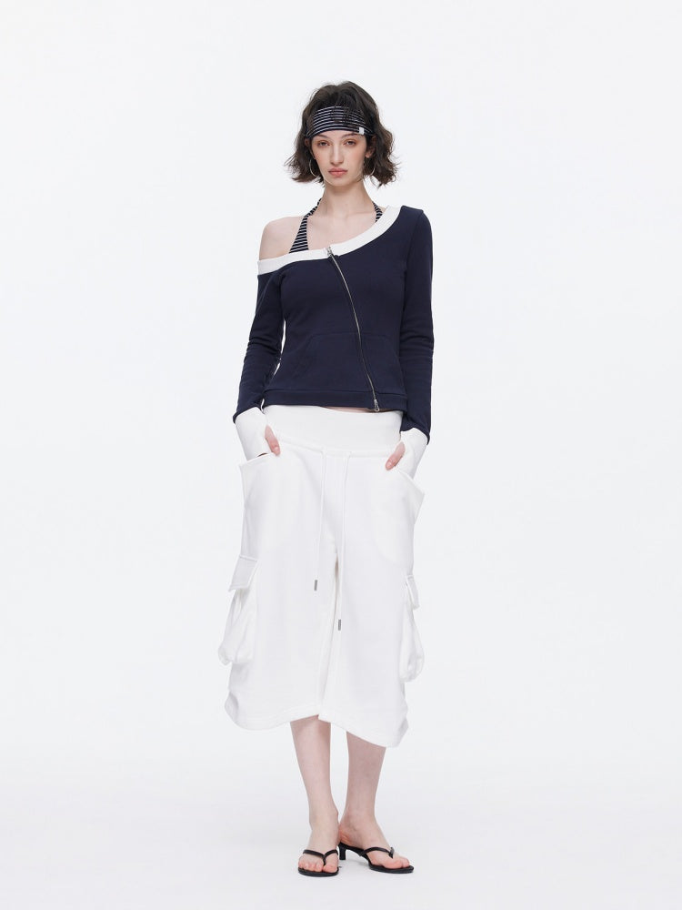 Off-Shoulder Contrast Top Slimming Slanted Sweatshirt【s0000015538】
