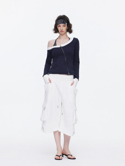 Off-Shoulder Contrast Top Slimming Slanted Sweatshirt【s0000015538】
