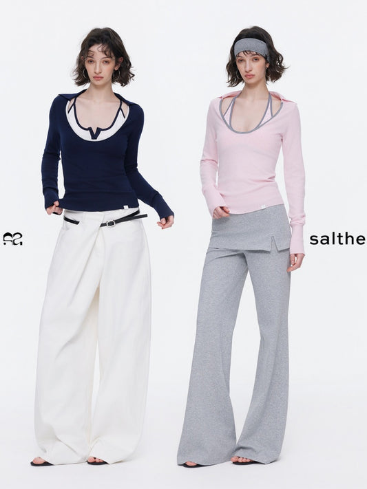 Contrast U-Neck Knit Slim Long Sleeve T-Shirt【s0000015539】