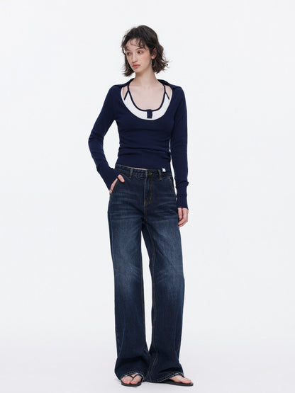 Contrast U-Neck Knit Slim Long Sleeve T-Shirt【s0000015539】