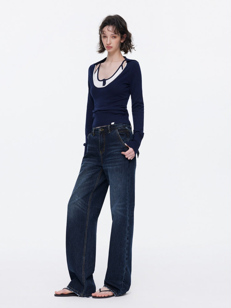 Contrast U-Neck Knit Slim Long Sleeve T-Shirt【s0000015539】