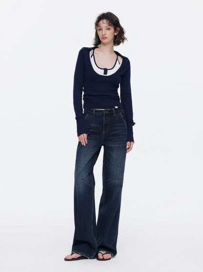 Contrast U-Neck Knit Slim Long Sleeve T-Shirt【s0000015539】