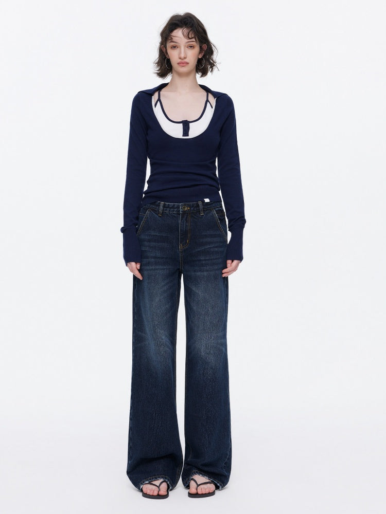 Contrast U-Neck Knit Slim Long Sleeve T-Shirt【s0000015539】