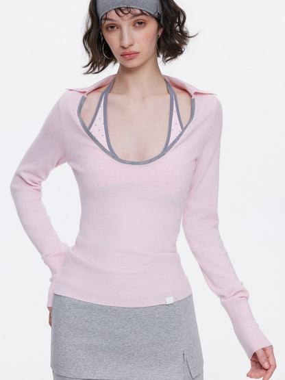 Contrast U-Neck Knit Slim Long Sleeve T-Shirt【s0000015539】