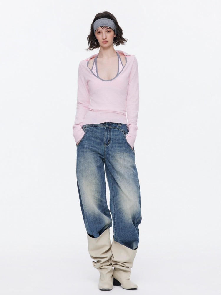 Contrast U-Neck Knit Slim Long Sleeve T-Shirt【s0000015539】