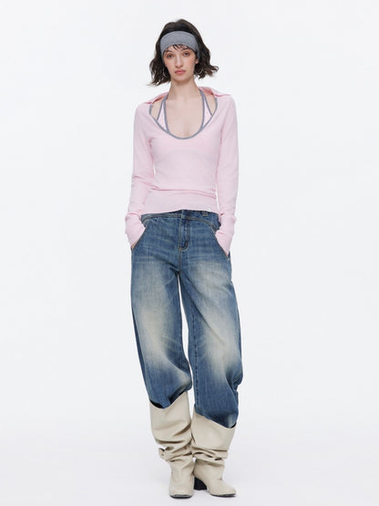 Contrast U-Neck Knit Slim Long Sleeve T-Shirt【s0000015539】