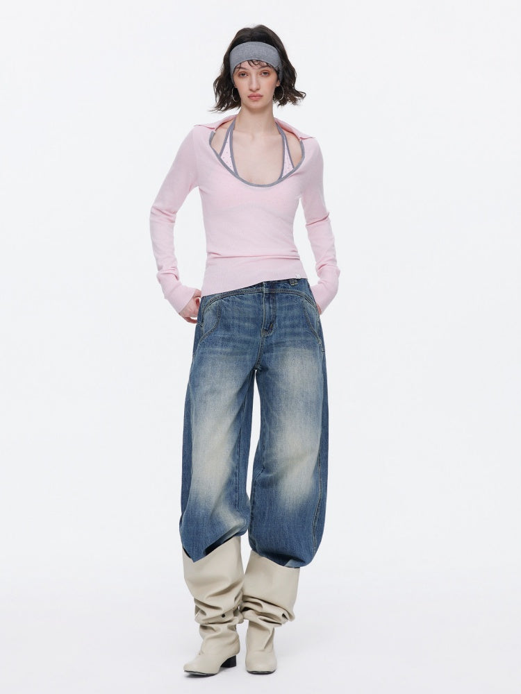 Contrast U-Neck Knit Slim Long Sleeve T-Shirt【s0000015539】