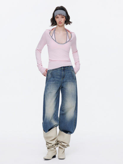 Contrast U-Neck Knit Slim Long Sleeve T-Shirt【s0000015539】
