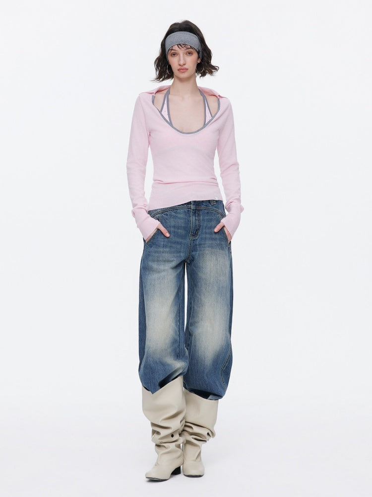 Contrast U-Neck Knit Slim Long Sleeve T-Shirt【s0000015539】