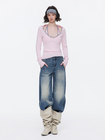 Contrast U-Neck Knit Slim Long Sleeve T-Shirt【s0000015539】