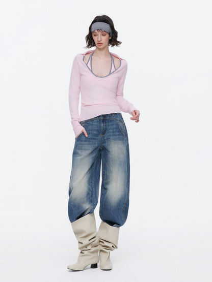 Contrast U-Neck Knit Slim Long Sleeve T-Shirt【s0000015539】