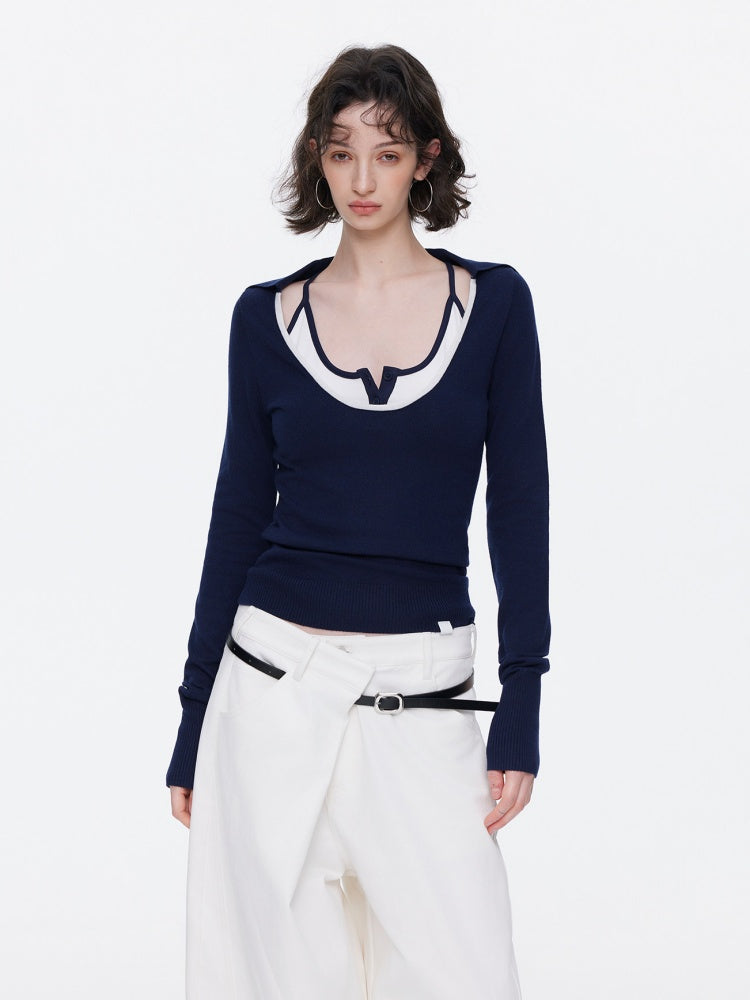 Contrast U-Neck Knit Slim Long Sleeve T-Shirt【s0000015539】