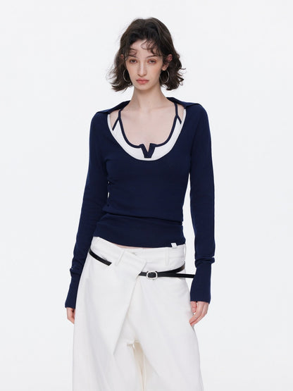 Contrast U-Neck Knit Slim Long Sleeve T-Shirt【s0000015539】