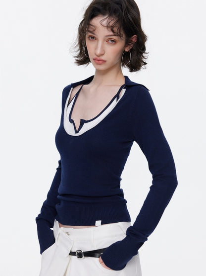 Contrast U-Neck Knit Slim Long Sleeve T-Shirt【s0000015539】