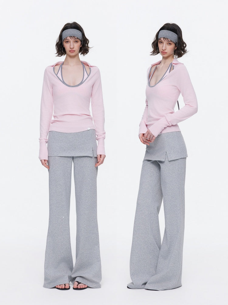 Contrast U-Neck Knit Slim Long Sleeve T-Shirt【s0000015539】