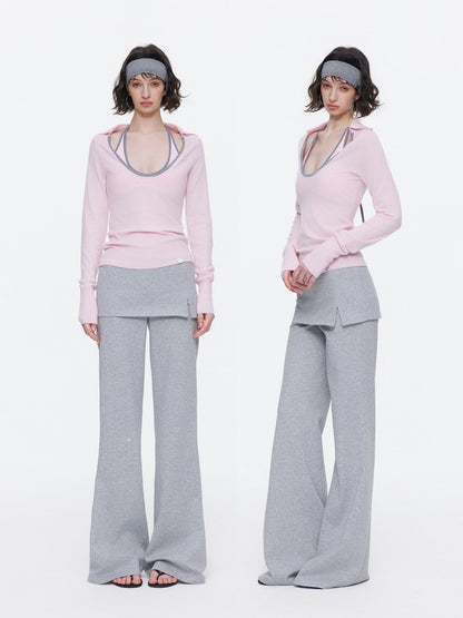 Contrast U-Neck Knit Slim Long Sleeve T-Shirt【s0000015539】