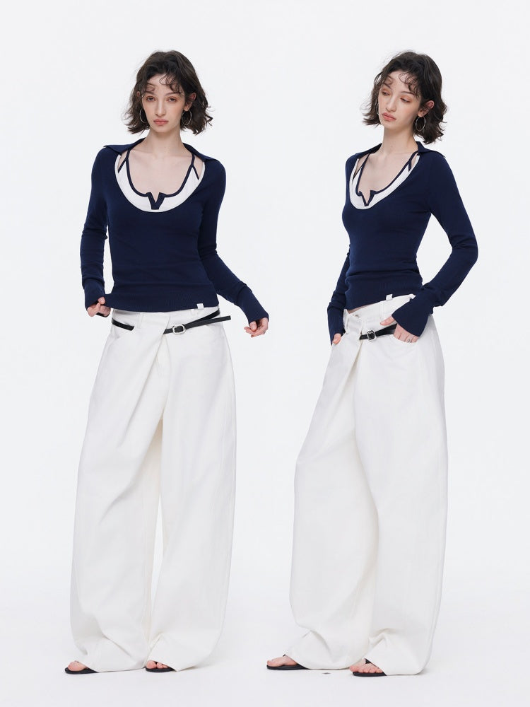 Contrast U-Neck Knit Slim Long Sleeve T-Shirt【s0000015539】