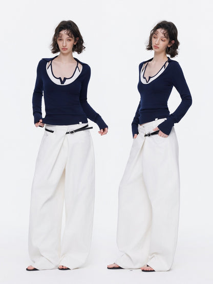 Contrast U-Neck Knit Slim Long Sleeve T-Shirt【s0000015539】