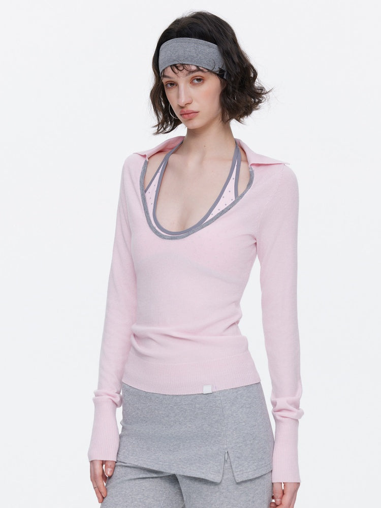 Contrast U-Neck Knit Slim Long Sleeve T-Shirt【s0000015539】