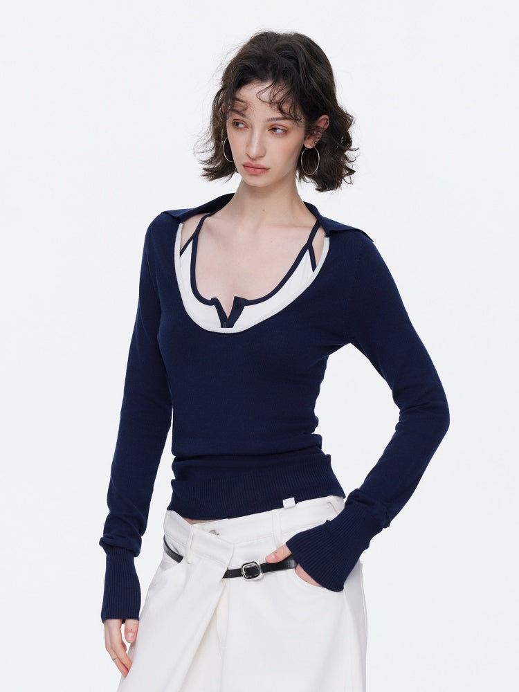 Contrast U-Neck Knit Slim Long Sleeve T-Shirt【s0000015539】