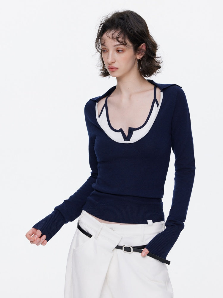 Contrast U-Neck Knit Slim Long Sleeve T-Shirt【s0000015539】