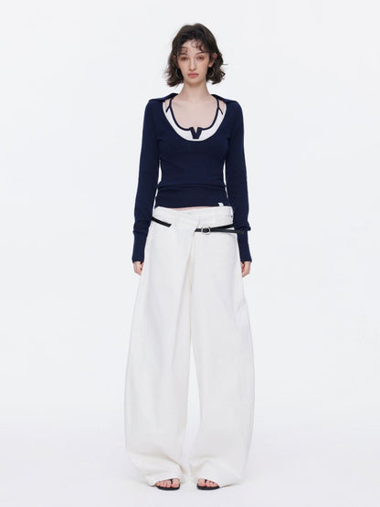 Contrast U-Neck Knit Slim Long Sleeve T-Shirt【s0000015539】