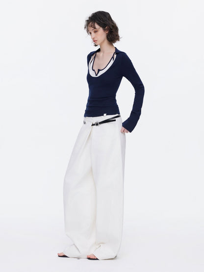 Contrast U-Neck Knit Slim Long Sleeve T-Shirt【s0000015539】