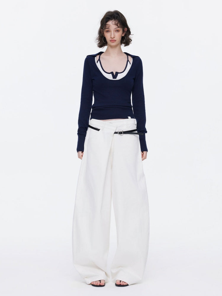 Contrast U-Neck Knit Slim Long Sleeve T-Shirt【s0000015539】